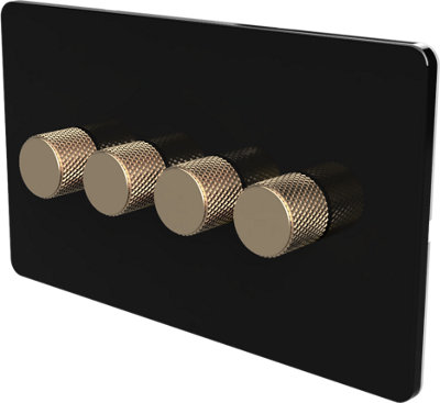 Flat Trailing Edge 2 Way  LED Dimmer Switch Rotary Push On/Off for Dimmable LED and Halogen Lights   - Black/Brass 4-Gang