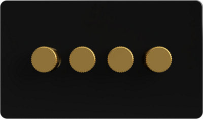 Flat Trailing Edge 2 Way  LED Dimmer Switch Rotary Push On/Off for Dimmable LED and Halogen Lights   - Black/Brass 4-Gang