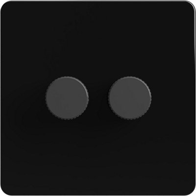 Flat Trailing Edge 2 Way  LED Dimmer Switch Rotary Push On/Off for Dimmable LED and Halogen Lights   - Black/Grey 2-Gang
