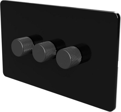 Flat Trailing Edge 2 Way  LED Dimmer Switch Rotary Push On/Off for Dimmable LED and Halogen Lights   - Black/Grey 3-Gang