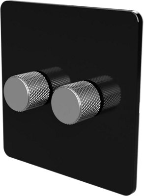 Flat Trailing Edge 2 Way  LED Dimmer Switch Rotary Push On/Off for Dimmable LED and Halogen Lights   - Black/Silver 2-Gang