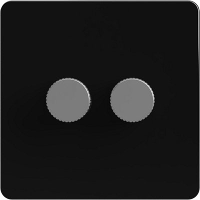 Flat Trailing Edge 2 Way  LED Dimmer Switch Rotary Push On/Off for Dimmable LED and Halogen Lights   - Black/Silver 2-Gang