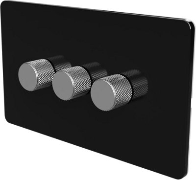 Flat Trailing Edge 2 Way  LED Dimmer Switch Rotary Push On/Off for Dimmable LED and Halogen Lights   - Black/Silver 3-Gang