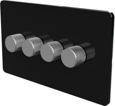 Flat Trailing Edge 2 Way  LED Dimmer Switch Rotary Push On/Off for Dimmable LED and Halogen Lights   - Black/Silver 4-Gang