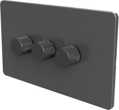 Flat Trailing Edge 2 Way  LED Dimmer Switch Rotary Push On/Off for Dimmable LED and Halogen Lights   - Grey 3-Gang