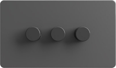 Flat Trailing Edge 2 Way  LED Dimmer Switch Rotary Push On/Off for Dimmable LED and Halogen Lights   - Grey 3-Gang