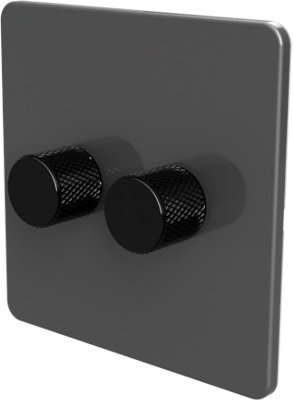 Flat Trailing Edge 2 Way  LED Dimmer Switch Rotary Push On/Off for Dimmable LED and Halogen Lights   - Grey/Black 2-Gang