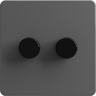 Flat Trailing Edge 2 Way  LED Dimmer Switch Rotary Push On/Off for Dimmable LED and Halogen Lights   - Grey/Black 2-Gang