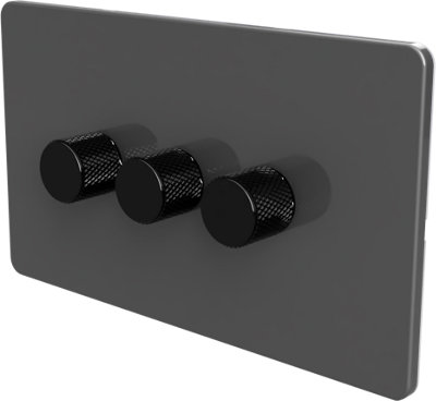 Flat Trailing Edge 2 Way  LED Dimmer Switch Rotary Push On/Off for Dimmable LED and Halogen Lights   - Grey/Black 3-Gang