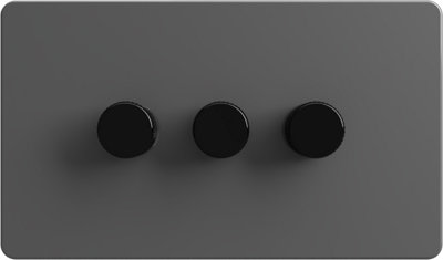 Flat Trailing Edge 2 Way  LED Dimmer Switch Rotary Push On/Off for Dimmable LED and Halogen Lights   - Grey/Black 3-Gang