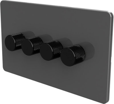 Flat Trailing Edge 2 Way  LED Dimmer Switch Rotary Push On/Off for Dimmable LED and Halogen Lights   - Grey/Black 4-Gang