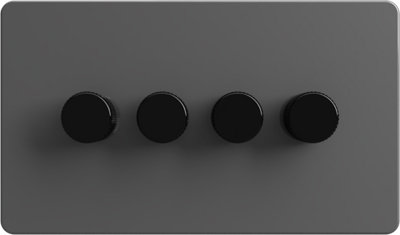Flat Trailing Edge 2 Way  LED Dimmer Switch Rotary Push On/Off for Dimmable LED and Halogen Lights   - Grey/Black 4-Gang