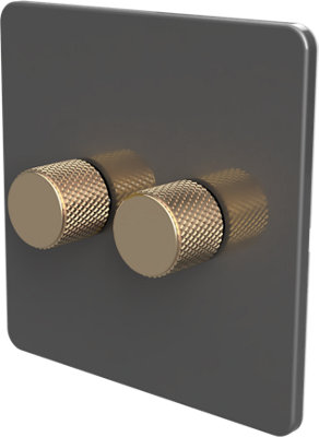 Flat Trailing Edge 2 Way  LED Dimmer Switch Rotary Push On/Off for Dimmable LED and Halogen Lights   - Grey/Brass 2-Gang