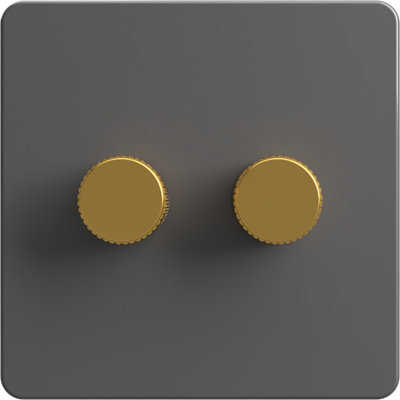 Flat Trailing Edge 2 Way  LED Dimmer Switch Rotary Push On/Off for Dimmable LED and Halogen Lights   - Grey/Brass 2-Gang