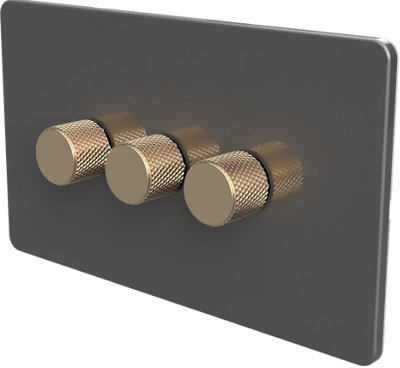 Flat Trailing Edge 2 Way  LED Dimmer Switch Rotary Push On/Off for Dimmable LED and Halogen Lights   - Grey/Brass 3-Gang