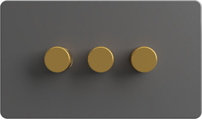 Flat Trailing Edge 2 Way  LED Dimmer Switch Rotary Push On/Off for Dimmable LED and Halogen Lights   - Grey/Brass 3-Gang