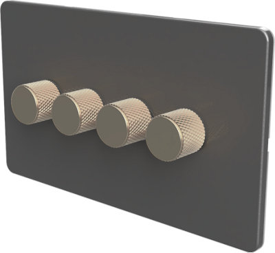 Flat Trailing Edge 2 Way  LED Dimmer Switch Rotary Push On/Off for Dimmable LED and Halogen Lights   - Grey/Brass 4-Gang