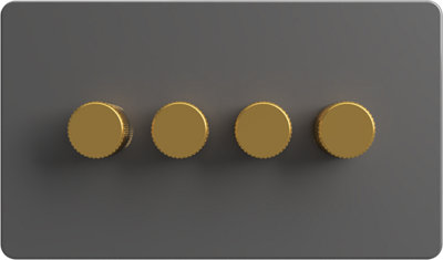 Flat Trailing Edge 2 Way  LED Dimmer Switch Rotary Push On/Off for Dimmable LED and Halogen Lights   - Grey/Brass 4-Gang