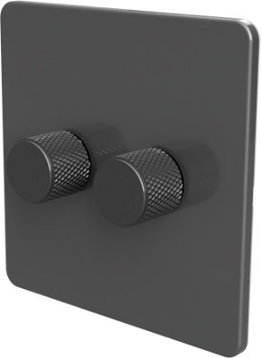 Flat Trailing Edge 2 Way  LED Dimmer Switch Rotary Push On/Off for Dimmable LED and Halogen Lights   - Grey/Grey 2-Gang