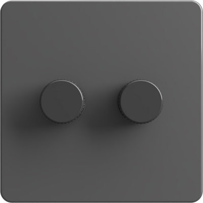 Flat Trailing Edge 2 Way  LED Dimmer Switch Rotary Push On/Off for Dimmable LED and Halogen Lights   - Grey/Grey 2-Gang