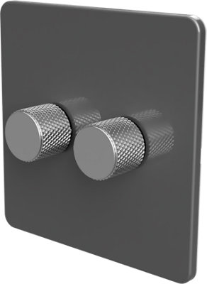 Flat Trailing Edge 2 Way  LED Dimmer Switch Rotary Push On/Off for Dimmable LED and Halogen Lights   - Grey/Silver 2-Gang