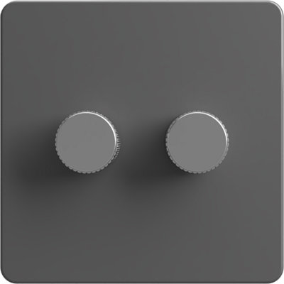 Flat Trailing Edge 2 Way  LED Dimmer Switch Rotary Push On/Off for Dimmable LED and Halogen Lights   - Grey/Silver 2-Gang