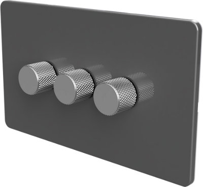 Flat Trailing Edge 2 Way  LED Dimmer Switch Rotary Push On/Off for Dimmable LED and Halogen Lights   - Grey/Silver 3-Gang