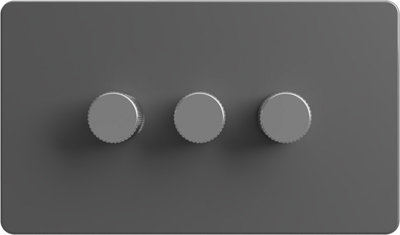 Flat Trailing Edge 2 Way  LED Dimmer Switch Rotary Push On/Off for Dimmable LED and Halogen Lights   - Grey/Silver 3-Gang