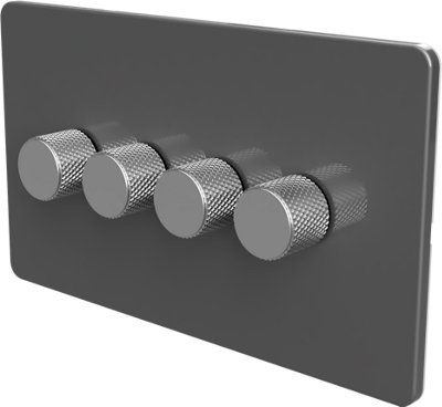 Flat Trailing Edge 2 Way  LED Dimmer Switch Rotary Push On/Off for Dimmable LED and Halogen Lights   - Grey/Silver 4-Gang