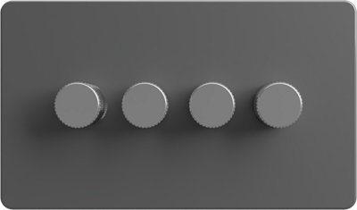 Flat Trailing Edge 2 Way  LED Dimmer Switch Rotary Push On/Off for Dimmable LED and Halogen Lights   - Grey/Silver 4-Gang