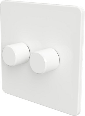 Flat Trailing Edge 2 Way  LED Dimmer Switch Rotary Push On/Off for Dimmable LED and Halogen Lights   - White 2-Gang