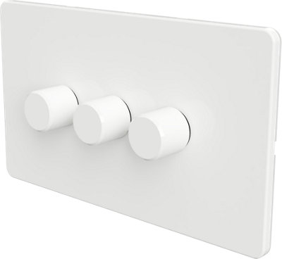 Flat Trailing Edge 2 Way  LED Dimmer Switch Rotary Push On/Off for Dimmable LED and Halogen Lights   - White 3-Gang