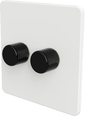 Flat Trailing Edge 2 Way  LED Dimmer Switch Rotary Push On/Off for Dimmable LED and Halogen Lights   - White/Black 2-Gang