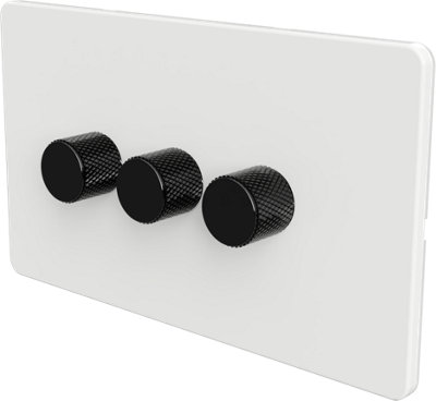Flat Trailing Edge 2 Way  LED Dimmer Switch Rotary Push On/Off for Dimmable LED and Halogen Lights   - White/Black 3-Gang
