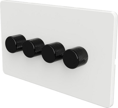 Flat Trailing Edge 2 Way  LED Dimmer Switch Rotary Push On/Off for Dimmable LED and Halogen Lights   - White/Black 4-Gang
