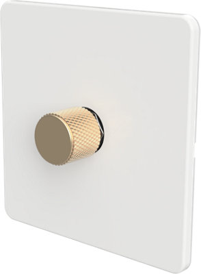 Flat Trailing Edge 2 Way  LED Dimmer Switch Rotary Push On/Off for Dimmable LED and Halogen Lights   - White/Brass 1-Gang
