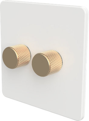 Flat Trailing Edge 2 Way  LED Dimmer Switch Rotary Push On/Off for Dimmable LED and Halogen Lights   - White/Brass 2-Gang