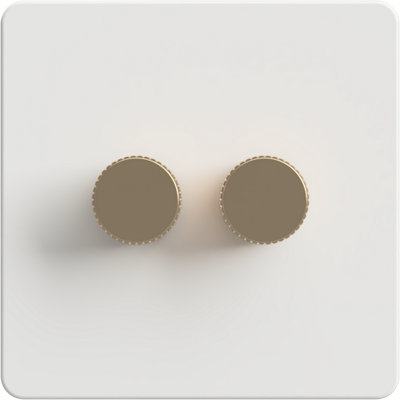 Flat Trailing Edge 2 Way  LED Dimmer Switch Rotary Push On/Off for Dimmable LED and Halogen Lights   - White/Brass 2-Gang