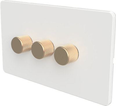Flat Trailing Edge 2 Way  LED Dimmer Switch Rotary Push On/Off for Dimmable LED and Halogen Lights   - White/Brass 3-Gang