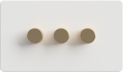 Flat Trailing Edge 2 Way  LED Dimmer Switch Rotary Push On/Off for Dimmable LED and Halogen Lights   - White/Brass 3-Gang