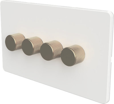 Flat Trailing Edge 2 Way  LED Dimmer Switch Rotary Push On/Off for Dimmable LED and Halogen Lights   - White/Brass 4-Gang