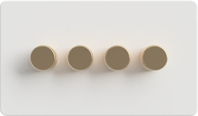 Flat Trailing Edge 2 Way  LED Dimmer Switch Rotary Push On/Off for Dimmable LED and Halogen Lights   - White/Brass 4-Gang
