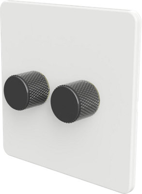 Flat Trailing Edge 2 Way  LED Dimmer Switch Rotary Push On/Off for Dimmable LED and Halogen Lights   - White/Grey 2-Gang