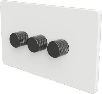 Flat Trailing Edge 2 Way  LED Dimmer Switch Rotary Push On/Off for Dimmable LED and Halogen Lights   - White/Grey 3-Gang