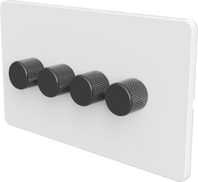Flat Trailing Edge 2 Way  LED Dimmer Switch Rotary Push On/Off for Dimmable LED and Halogen Lights   - White/Grey 4-Gang