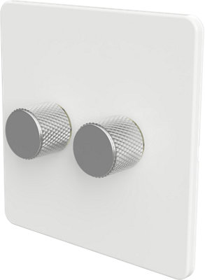 Flat Trailing Edge 2 Way  LED Dimmer Switch Rotary Push On/Off for Dimmable LED and Halogen Lights   - White/Silver 2-Gang
