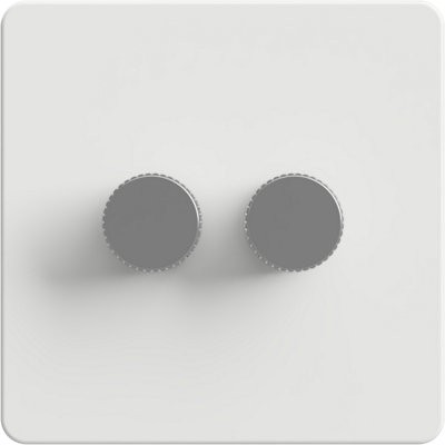Flat Trailing Edge 2 Way  LED Dimmer Switch Rotary Push On/Off for Dimmable LED and Halogen Lights   - White/Silver 2-Gang