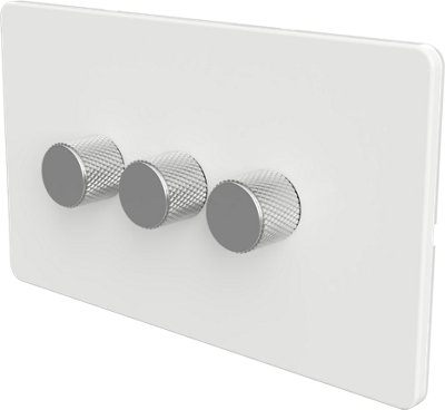 Flat Trailing Edge 2 Way  LED Dimmer Switch Rotary Push On/Off for Dimmable LED and Halogen Lights   - White/Silver 3-Gang
