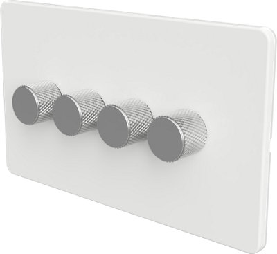 Flat Trailing Edge 2 Way  LED Dimmer Switch Rotary Push On/Off for Dimmable LED and Halogen Lights   - White/Silver 4-Gang