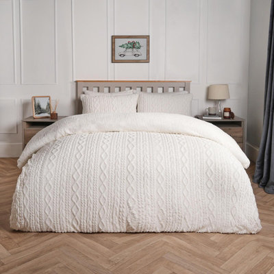 Fleece Duvet Cover Set Cable Knit Warm Reversible Quilt Bedding, Cream - Single